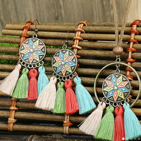 3 Pieces Boho Tassel Earrings Necklace Set Round Multicolored Tassel Pendant Set - Picture 1 of 6